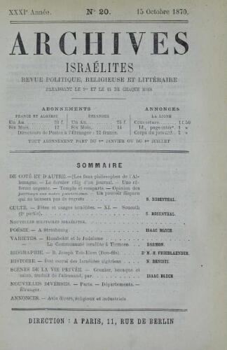 Archives israélites de France. Vol.31 N°20 (15 oct. 1870)